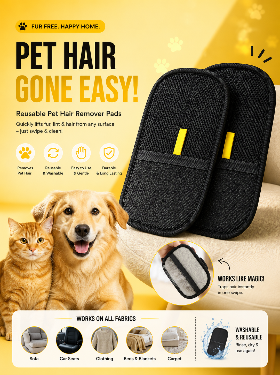 Pet Hair Remover Grooming Gloves (Pack of 2) – Reusable Dog & Cat Deshedding & Cleaning Gloves