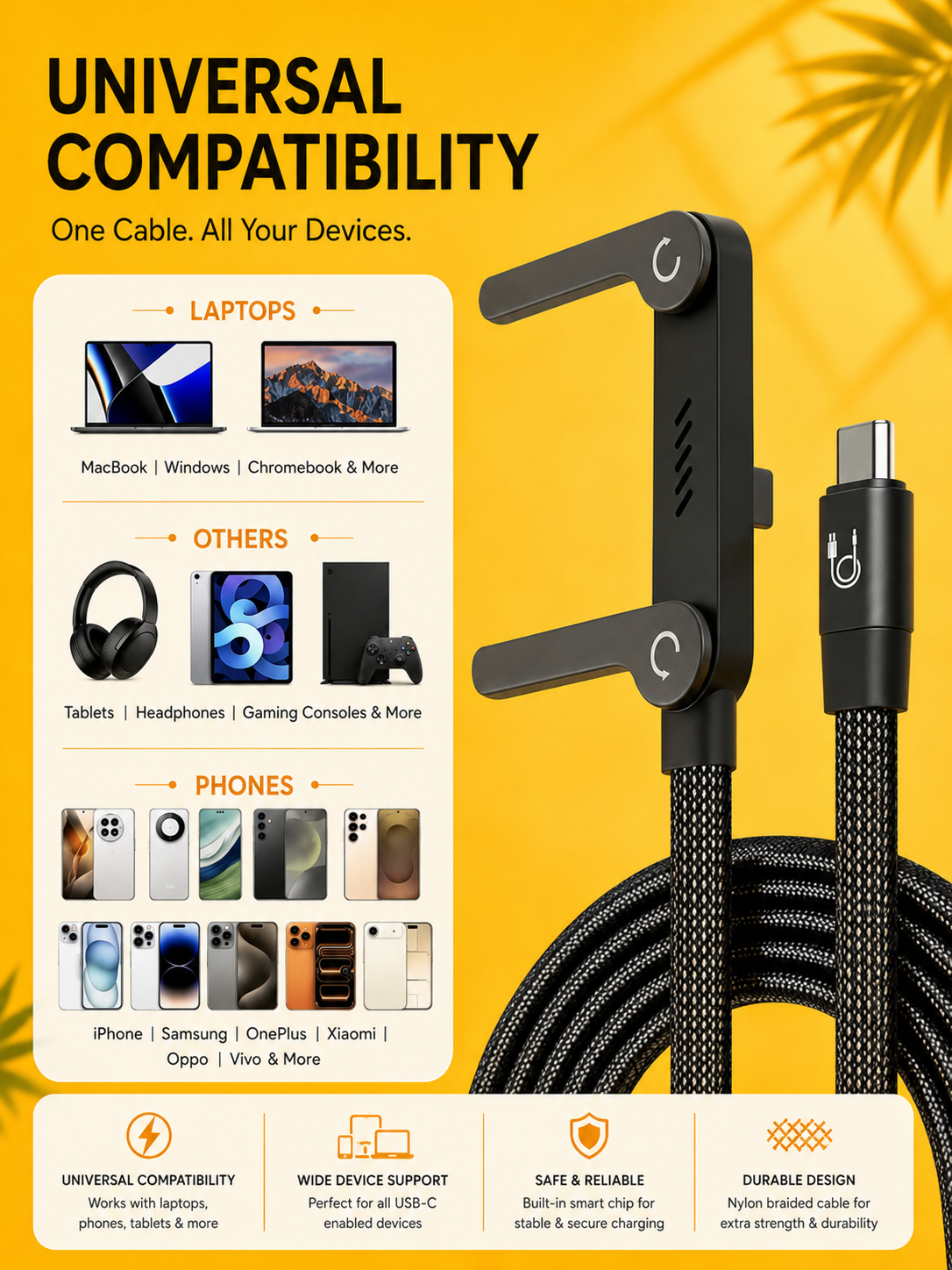 240W USB-C Fast Charging Cable with Foldable Phone Stand – 1.5M Adjustable Type-C Cable