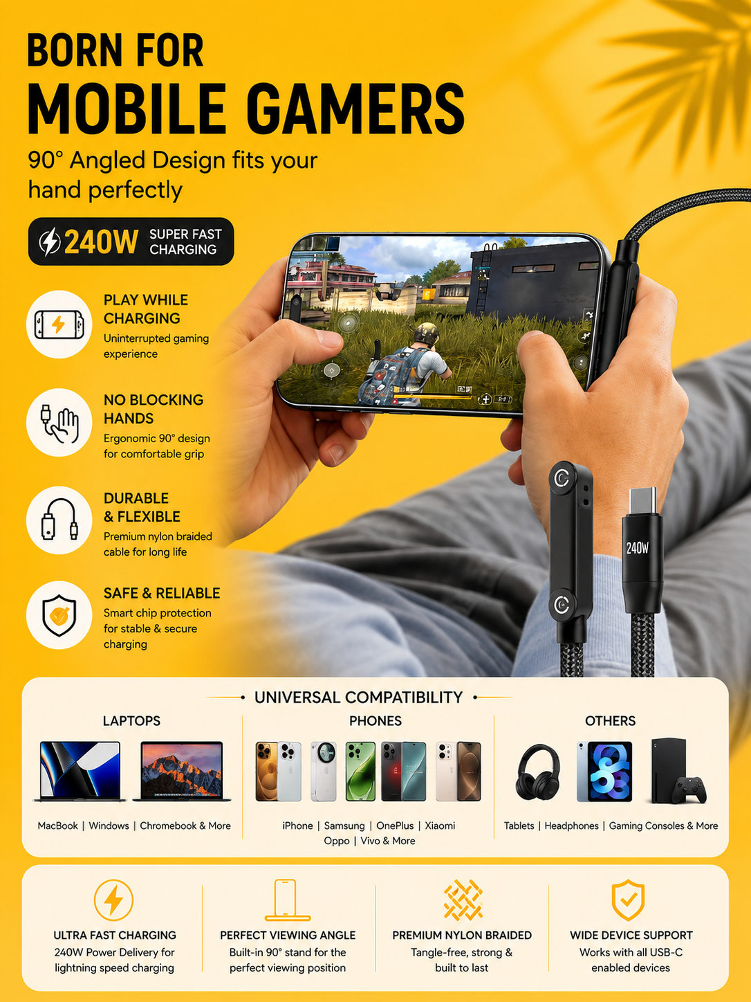 240W USB-C Fast Charging Cable with Foldable Phone Stand – 1.5M Adjustable Type-C Cable