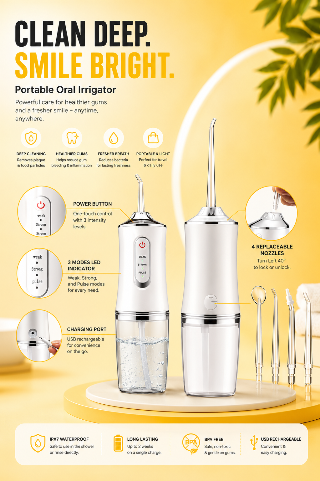 Portable Water Flosser – Rechargeable Oral Irrigator with 3 Cleaning Modes & 4 Jet Tips