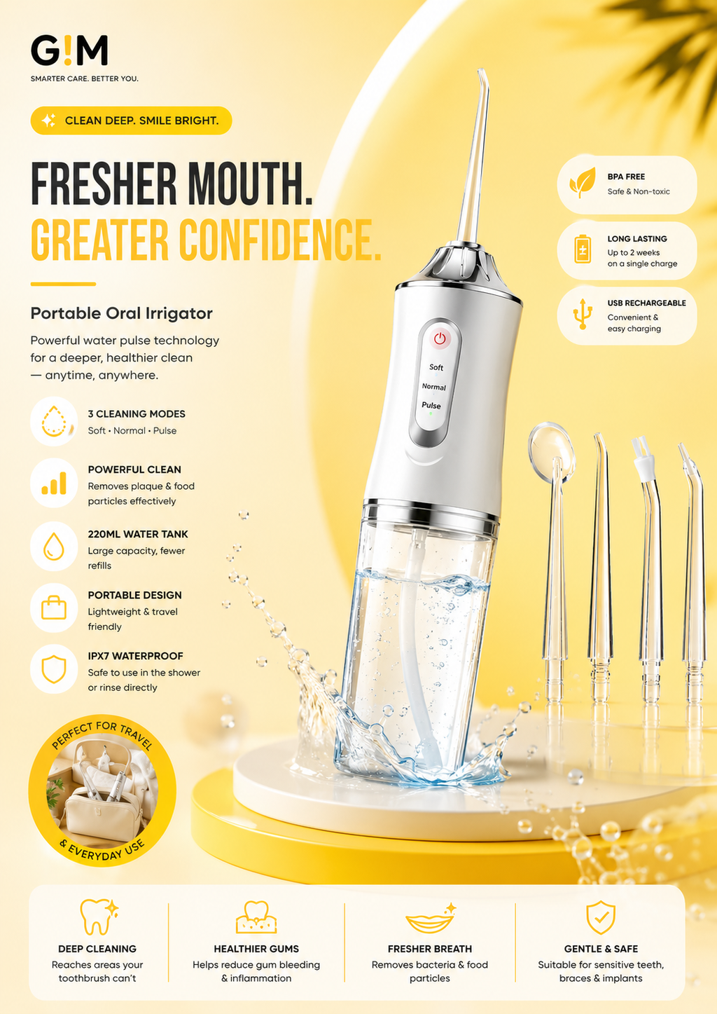 Portable Water Flosser – Rechargeable Oral Irrigator with 3 Cleaning Modes & 4 Jet Tips