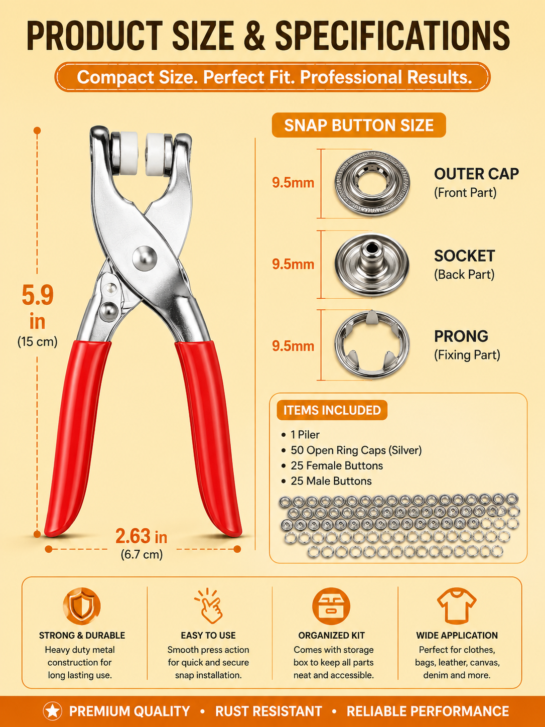 Heavy-Duty Snap Button Pliers Kit with Metal Snap Fasteners – DIY Sewing & Repair Tool Set